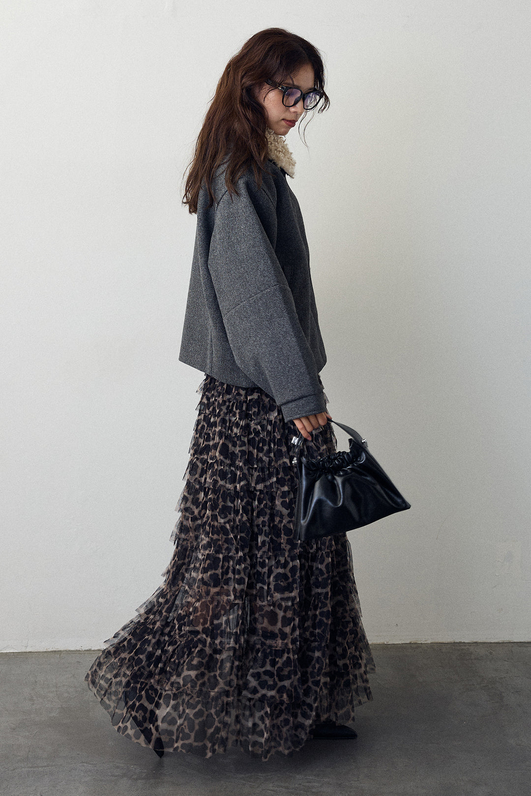 [予約/SET]プードル襟2wayコート+レオパードチュールティアードスカート(2set)