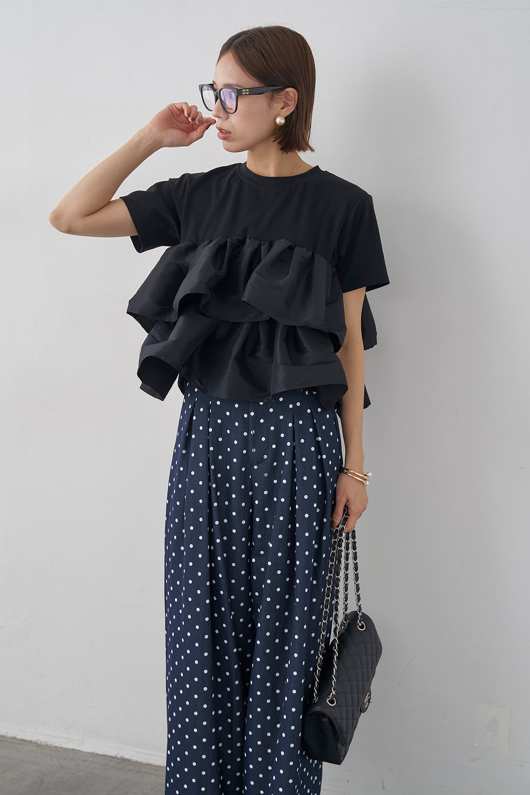 [予約/SET]ナイロンフリルドッキングTシャツ+ハイウエストドットデニムパンツ(2set)