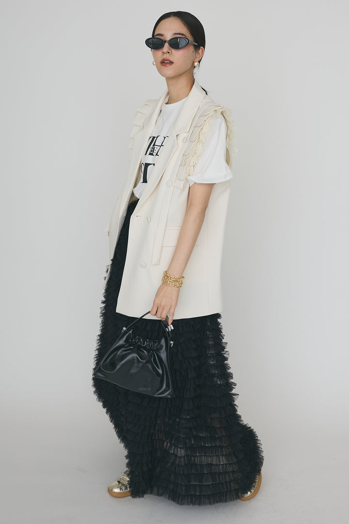 [予約/SET]フリルショルダーテーラーマニッシュベスト+ホイップチュールティアードスカート(2set)