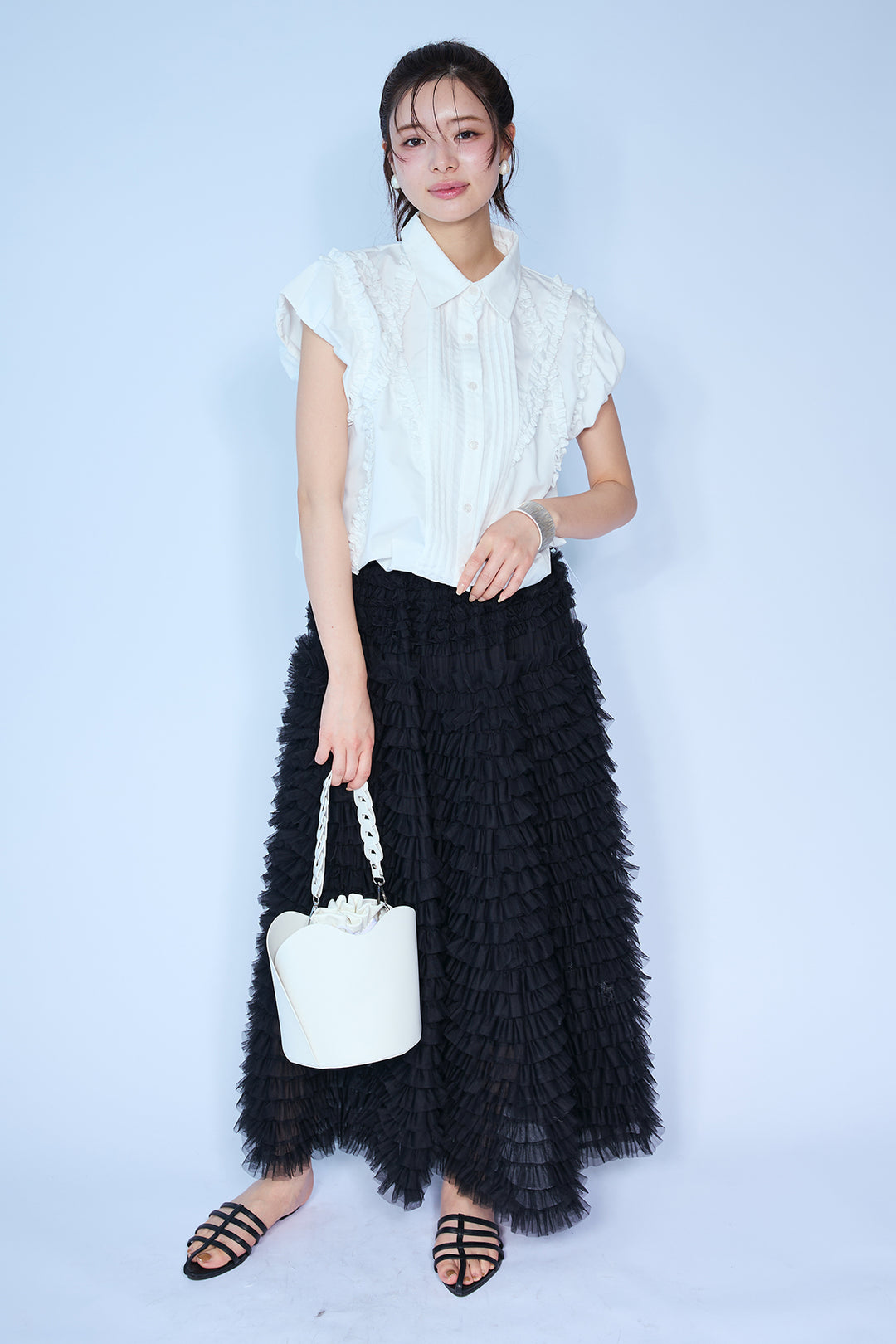 [予約/SET]ミックスフリルピンタックサイドドロストブラウス+ホイップチュールティアードスカート(2set)