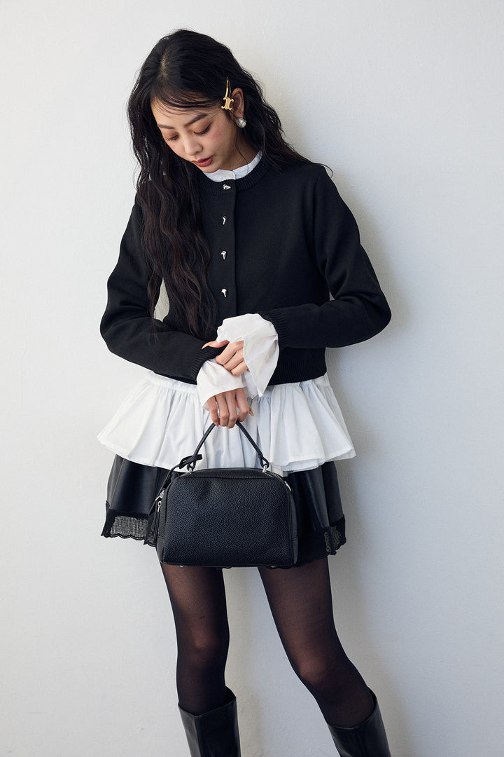 [予約/SET]フリルヘムスリーブブラウス+メタルボタンベーシックカーデ+レザーライクフレアショートパンツ(3set)