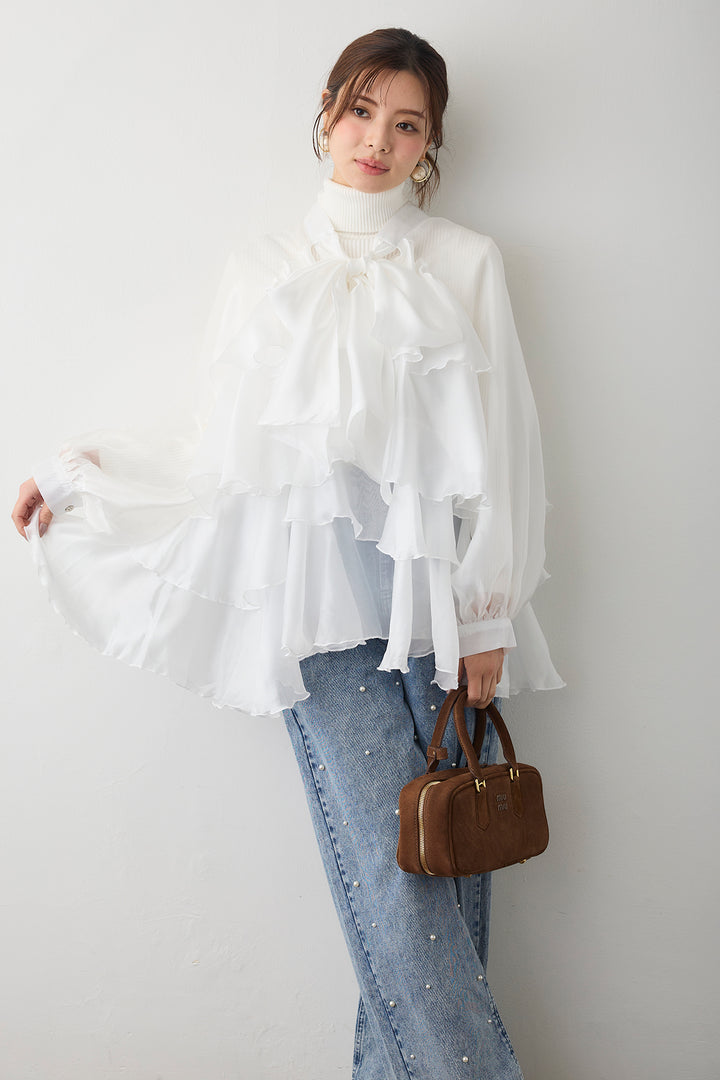 [予約/SET]フロントBIGリボンティアードエアリーチュニック+パールスタッズストレートハイウエストデニム(2set)