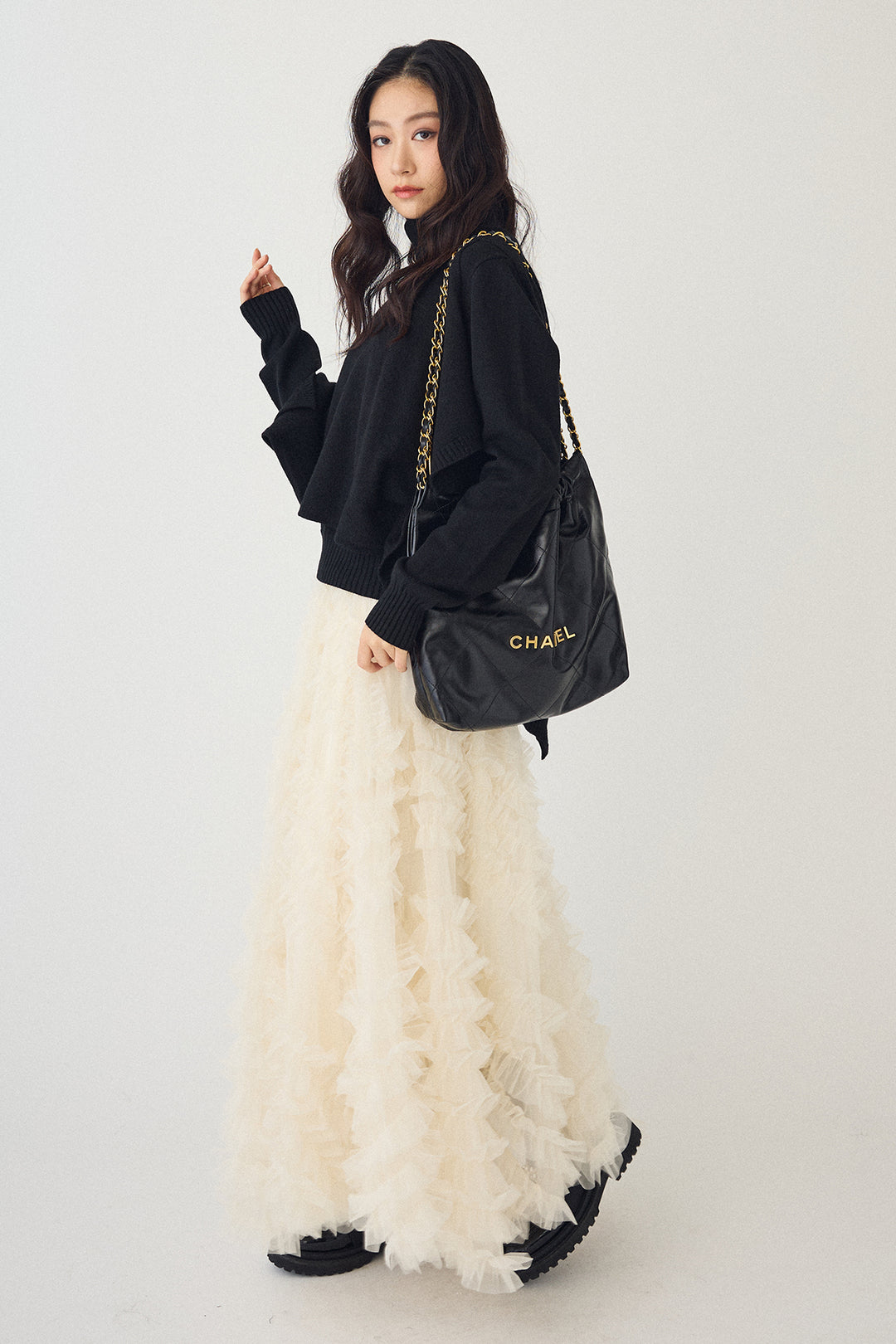 [予約/SET]アシメケープ2wayニット+スフレアシメチュールスカート(2set)