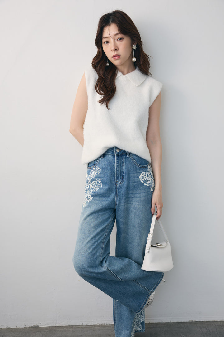 [予約/SET]モヘア起毛ポロベスト+レースプリントデザインデニムパンツ(2set)