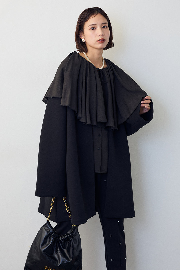 [予約/SET]BIGフリルカラーブラウス+フリルポケットボンディングノーカラーコート+センターシームランダムパールパンツ(3set)