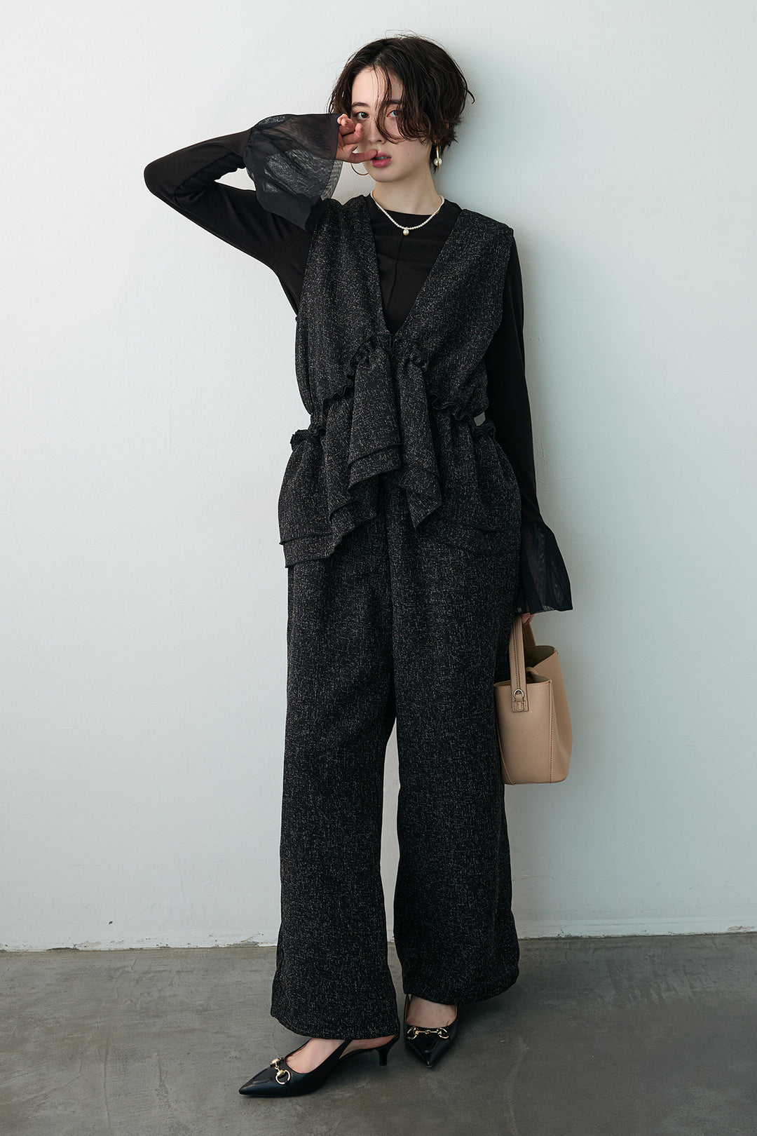 [予約/SET]サイドギャザーフレアチュールカフストップス+サマーツイードマルチウェイロンパース(2set)