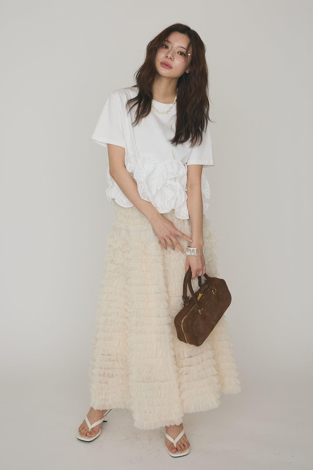 [予約/SET]フリルウェーブヘムカットTシャツ+ホイップチュールティアードスカート(2set)