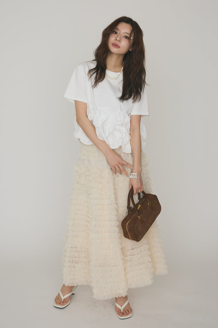 [予約/SET]フリルウェーブヘムカットTシャツ+ホイップチュールティアードスカート(2set)