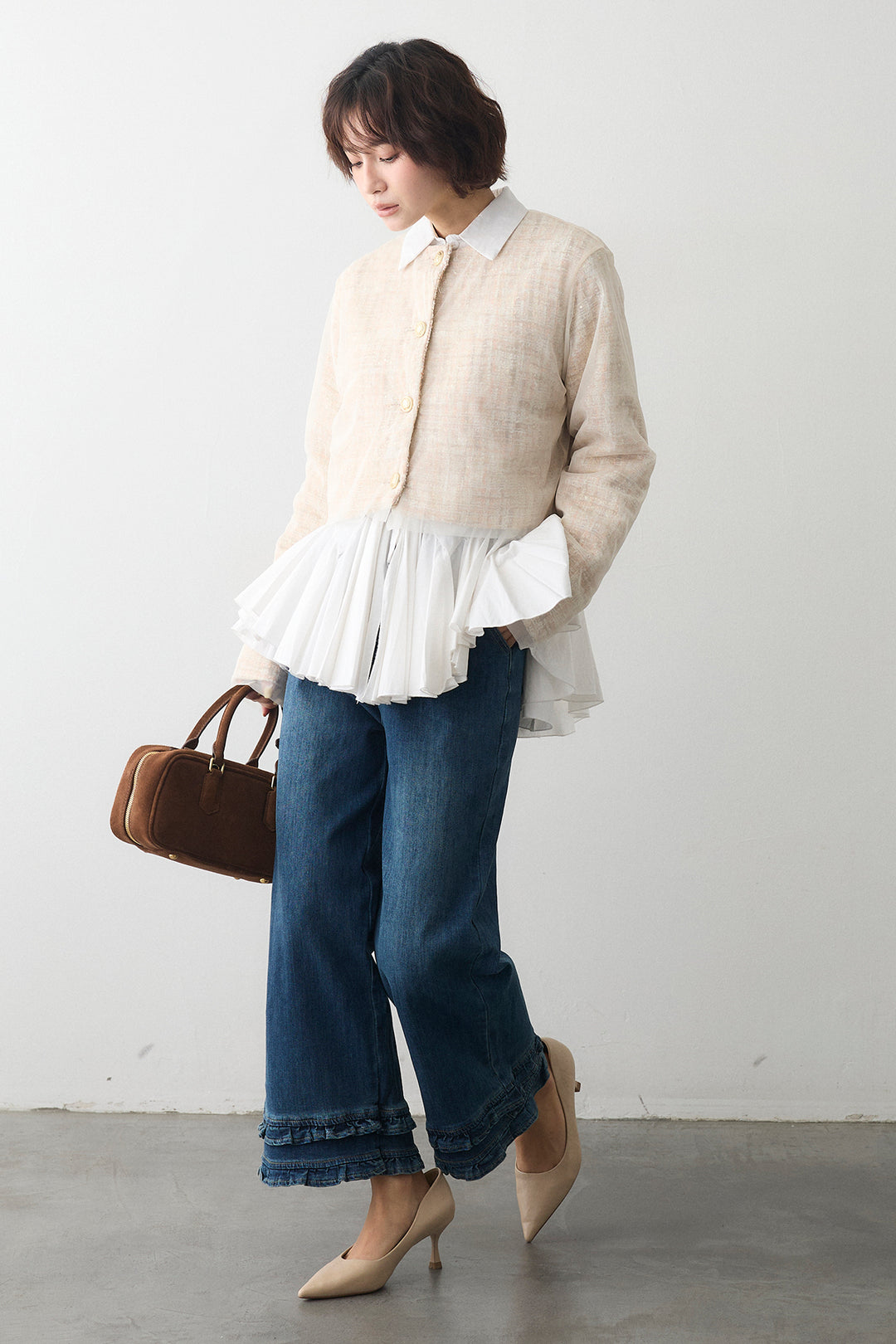 [予約/SET]パネルフレアヘムシャツ+ツイード×チュールレイヤードクロップドジャケット(2set)