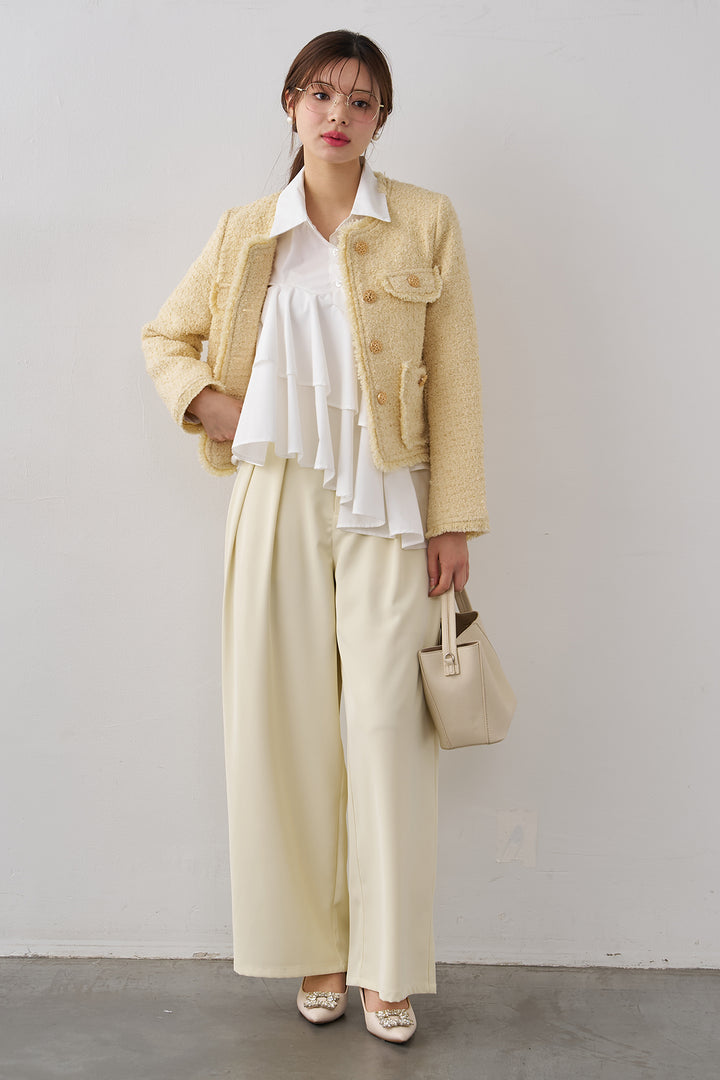 [予約/SET]フリンジツイードゴールドボタンジャケット+エステルツイルタックワイドカラーパンツ(2set)