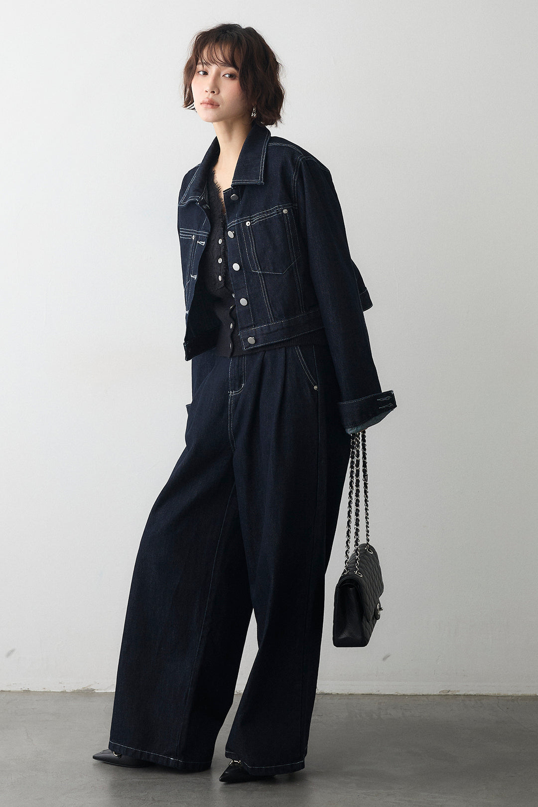 [予約/SET]レースVラインボタンニット+クロップドデニムセットアップ(2set)