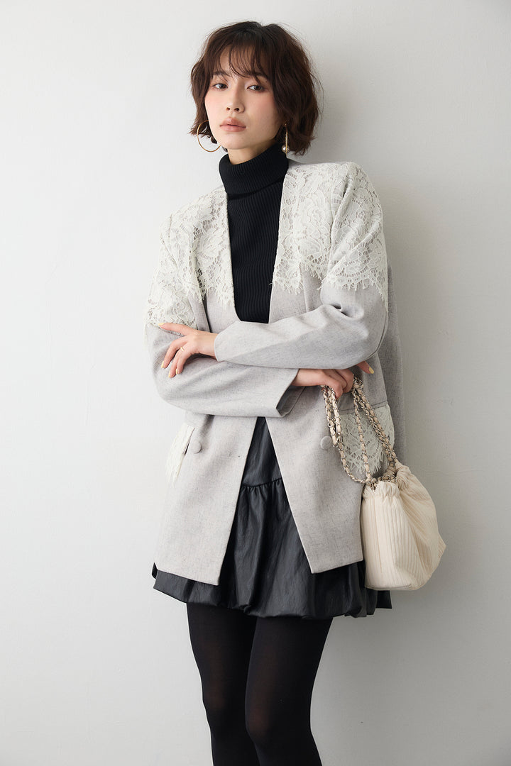 [予約/SET]ベーシックリブタートルニット+ショルダーレースデザインジャケット+フェイクレザーティアードバルーンミニスカート(3set)