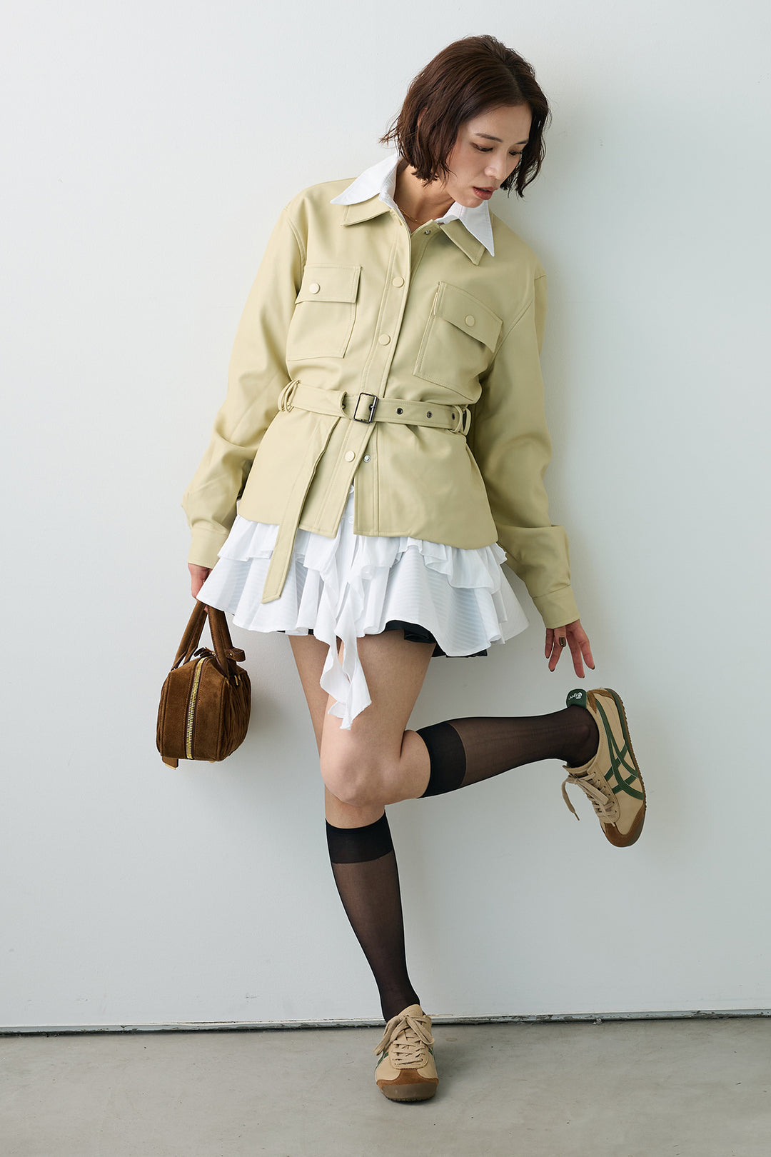 [予約/SET]ストライプフリルヘムシャツチュニック+レザーライクウエストシェイプジャケット(2set)