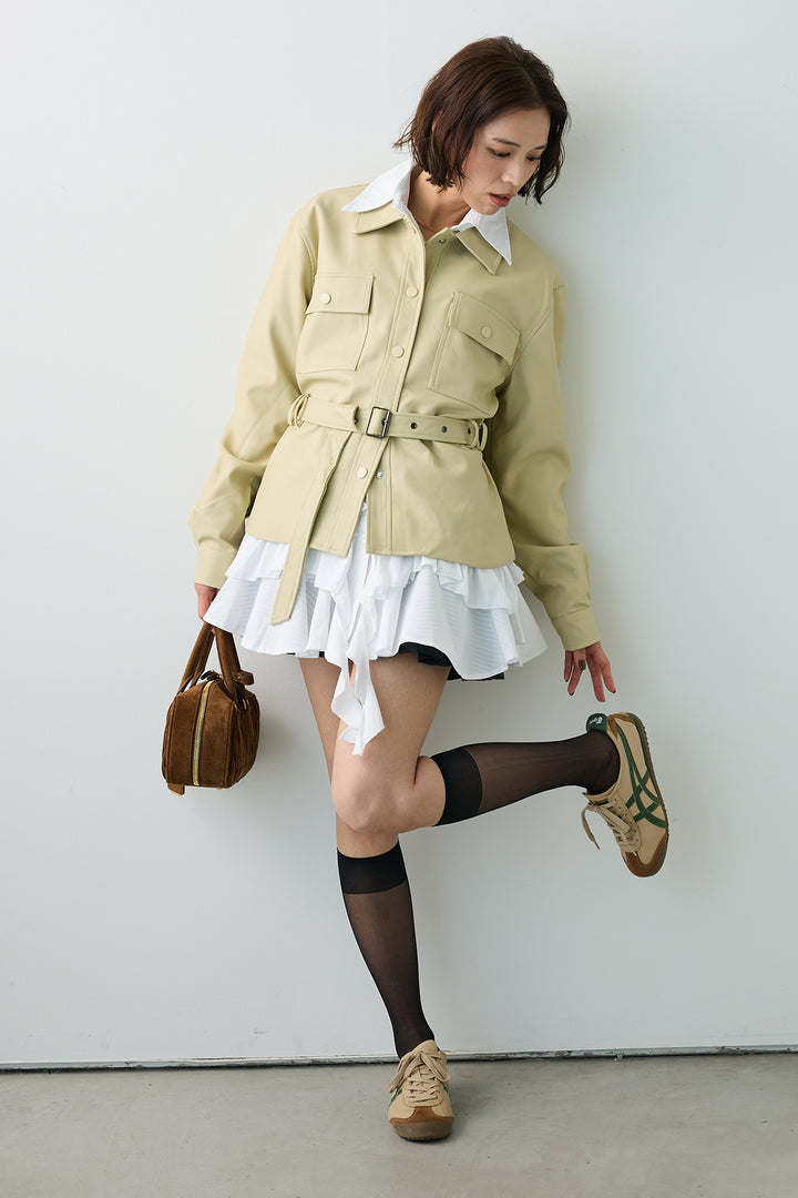 [予約/SET]ストライプフリルヘムシャツチュニック+レザーライクウエストシェイプジャケット(2set)