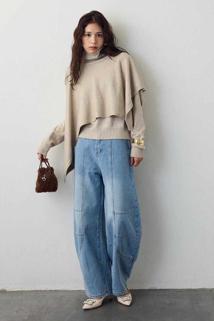 [予約/SET]アシメケープ2wayニット+ステッチ美ラインカーブデニムパンツ(2set)