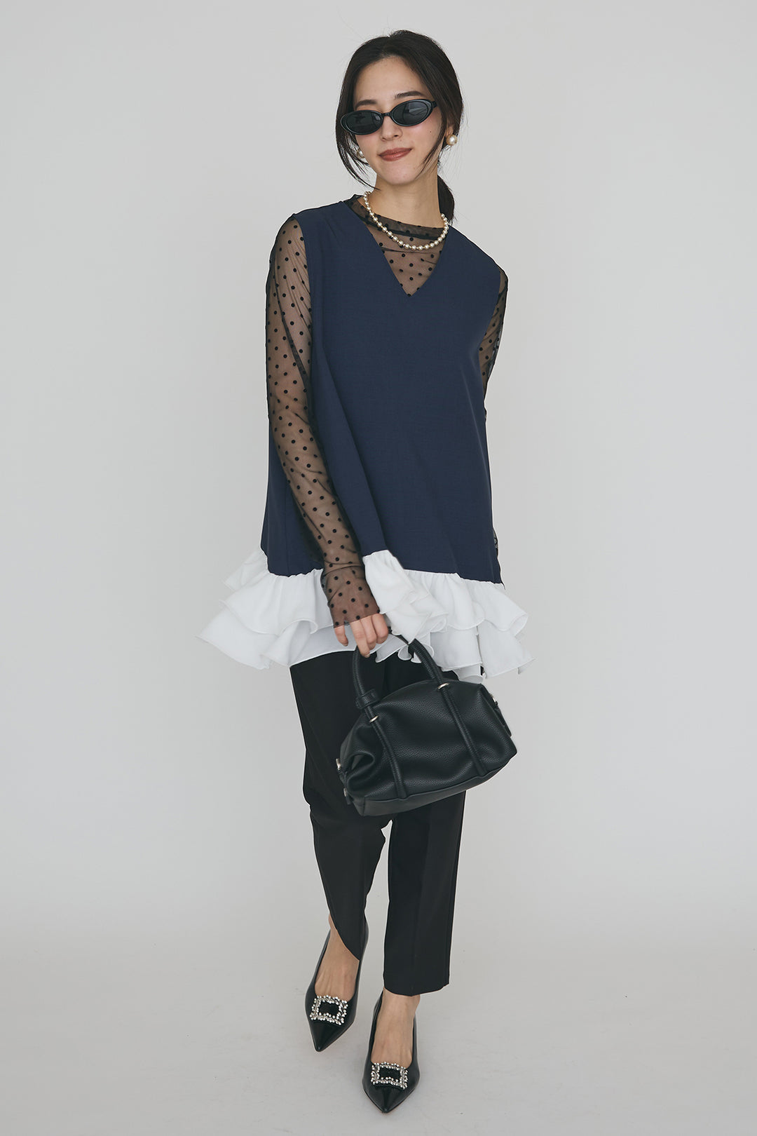 [予約/SET]異素材フリルヘムVネックチュニック+タックテーパードパンツ(2set)