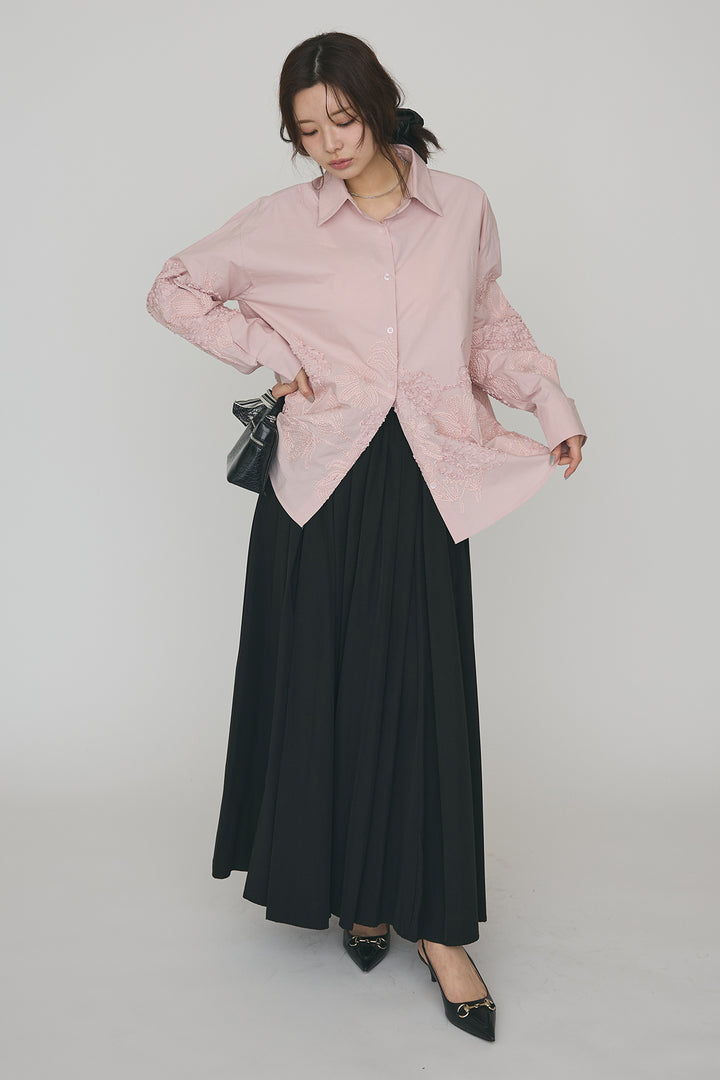 [予約/SET]フラワー刺繍モチーフオーバーシャツ+ギャザーフレア綿タッチスカート(2set)