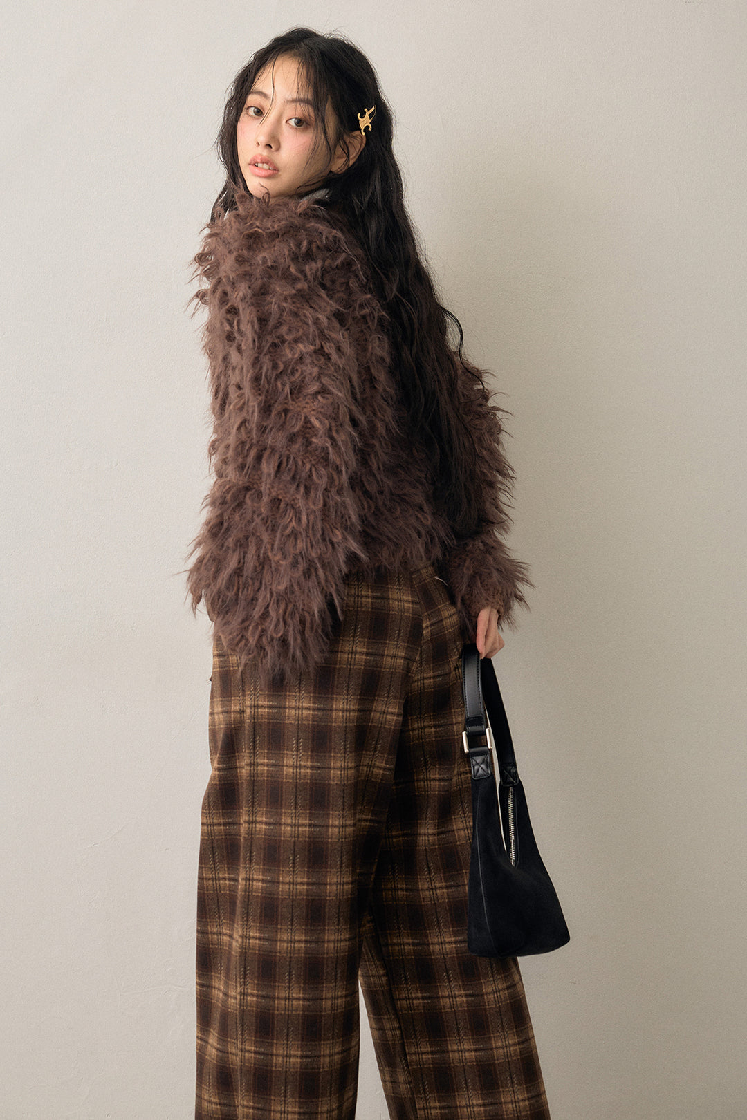 [予約/SET]2連パール付け襟+ループシャプルオーバーニット+クラシカルチェックフラワーモチーフ付きパンツ(3set)