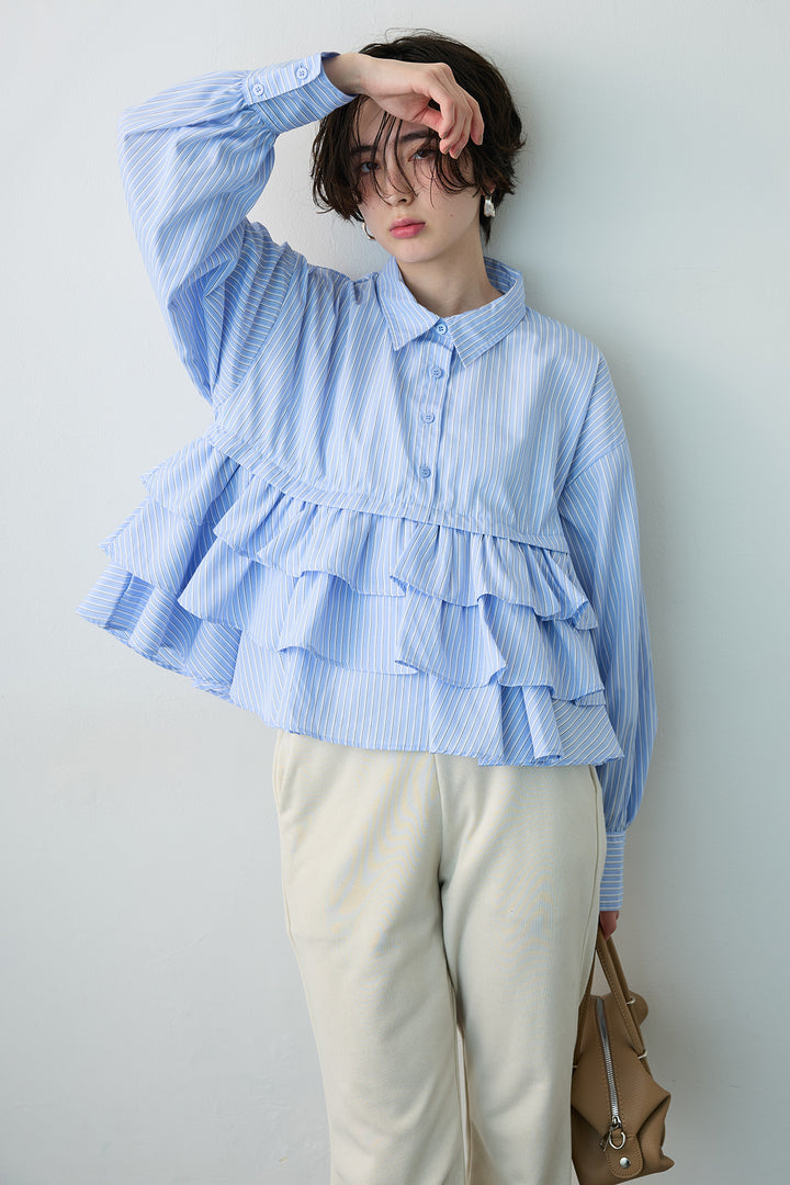 [予約]ストライプティアードフリルクロップドシャツ