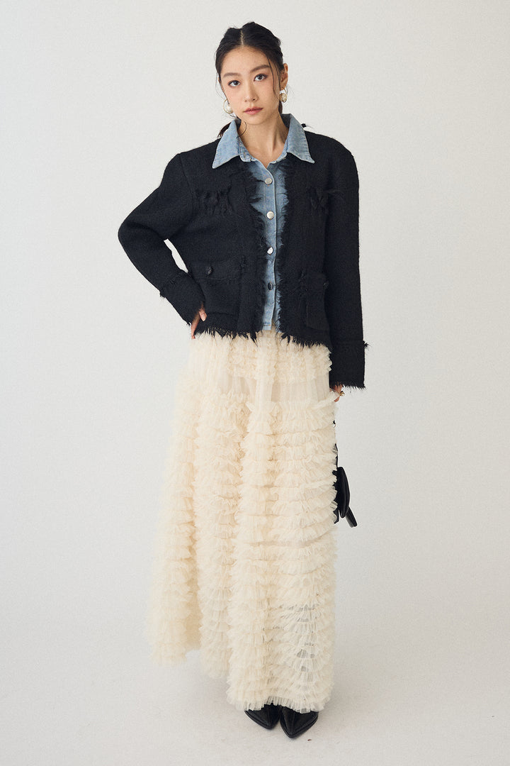 [予約/SET]デニムシャツドッキングツイードカーデ+ホイップチュールティアードスカート(2set)