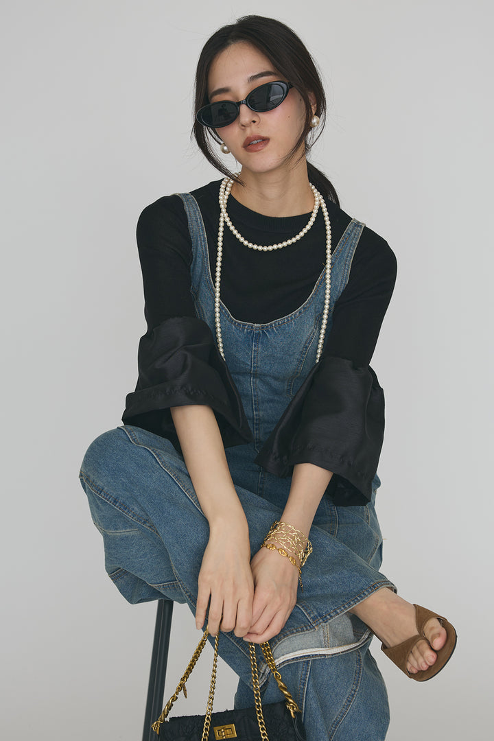 [予約/SET]タックフレア異素材ドッキングニットPO+美ラインデニムサロペット(2set)