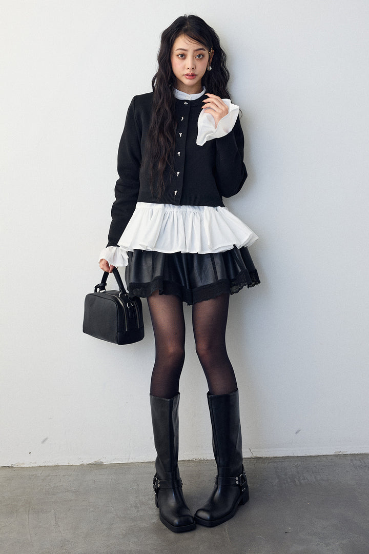 [予約/SET]フリルヘムスリーブブラウス+メタルボタンベーシックカーデ+レザーライクフレアショートパンツ(3set)
