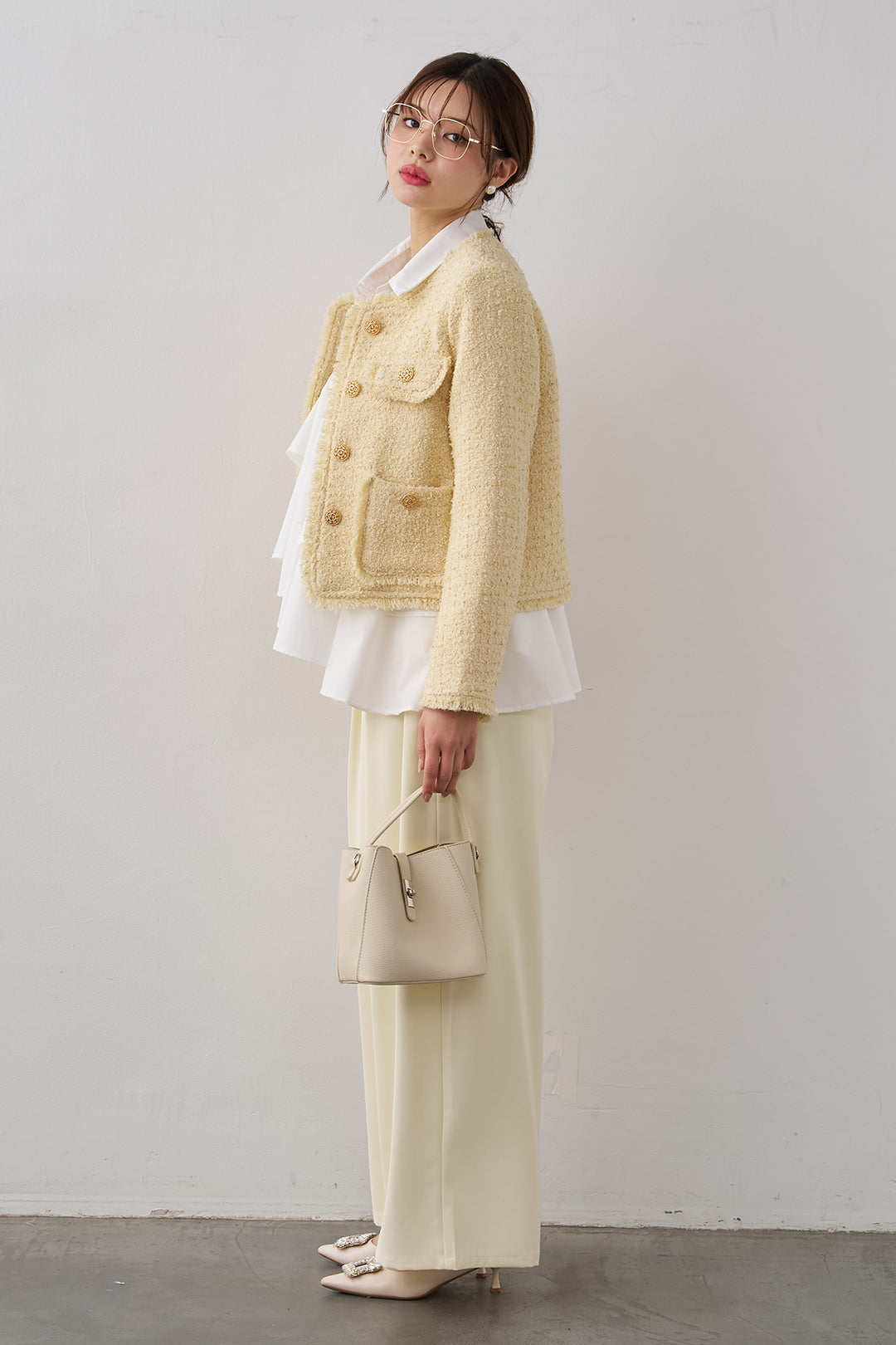 [予約/SET]フリンジツイードゴールドボタンジャケット+エステルツイルタックワイドカラーパンツ(2set)