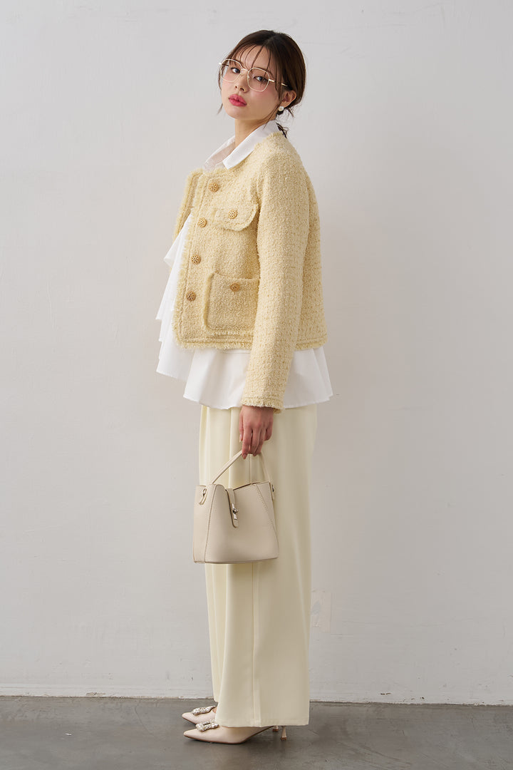 [予約/SET]フリンジツイードゴールドボタンジャケット+エステルツイルタックワイドカラーパンツ(2set)