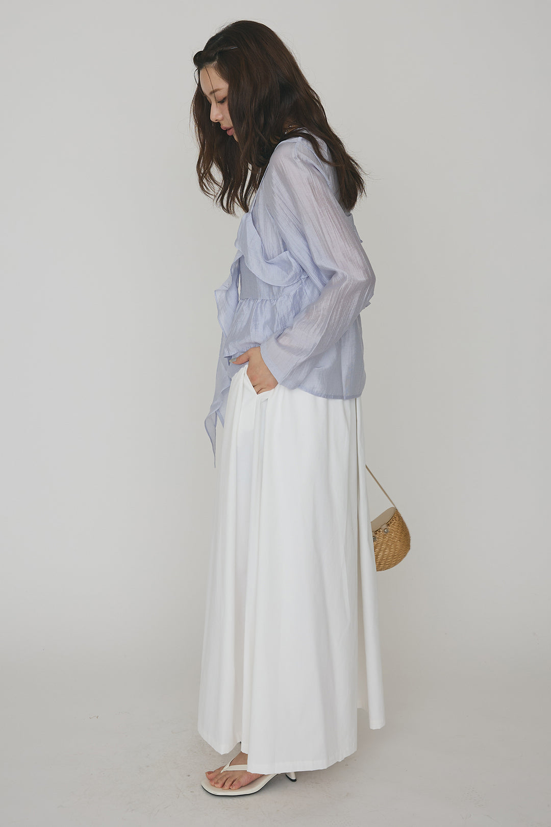 [予約/SET]ドレープフリルシアーレーヤードトップス+フロントサイドタックワイドパンツ(2set)