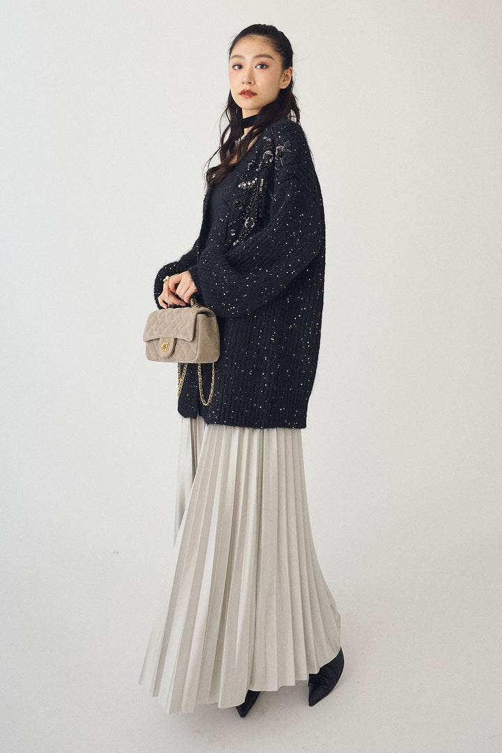 [予約/SET]ビーズフラワースパンコールシャイニーニットカーデ+シャイニープリーツサテンスカート(2set)