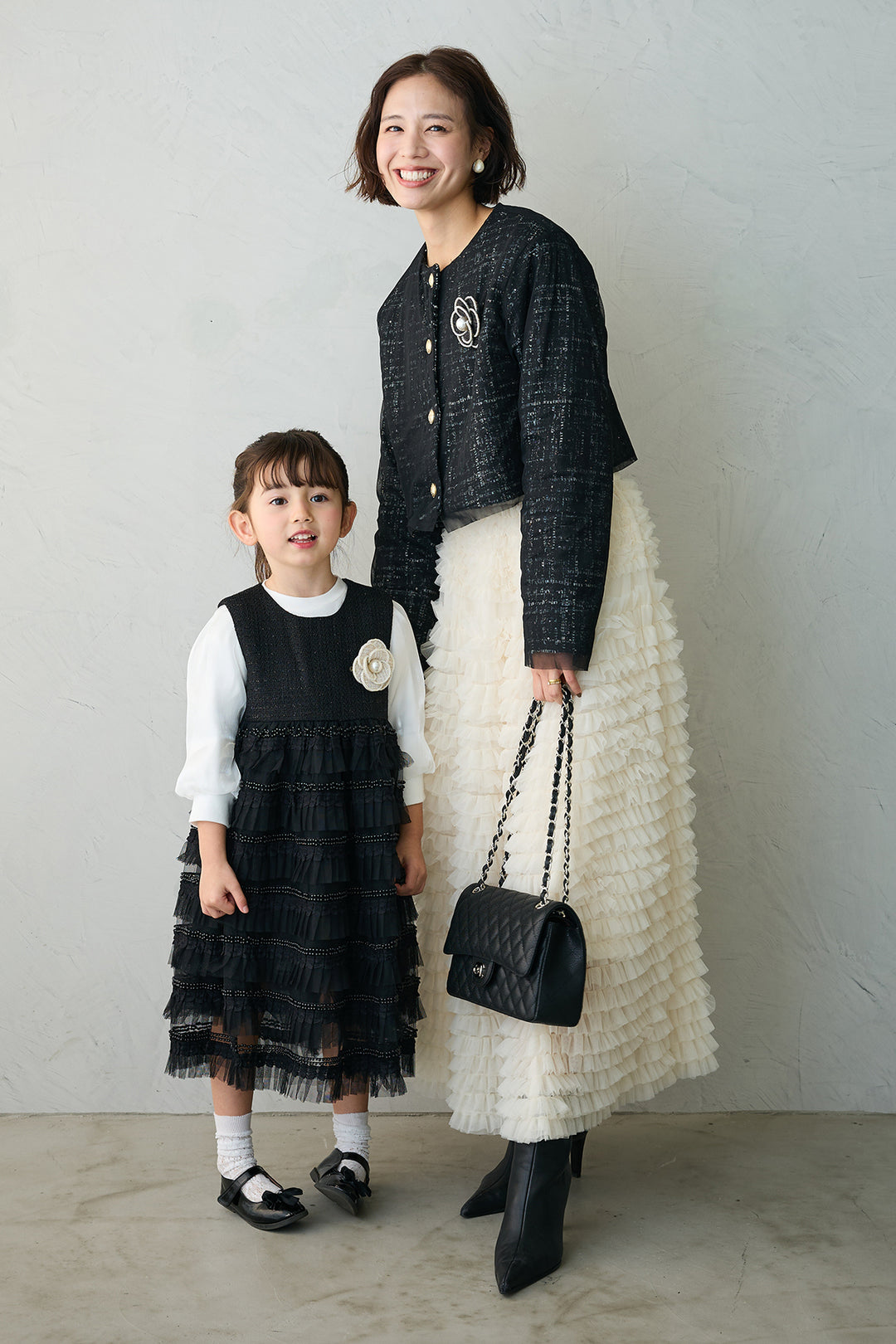 [予約/親子SET][kids]ティアードプリーツパールワンピセット+ツイード×チュールレイヤードクロップドジャケット+ホイップチュールティアードスカート(3set)