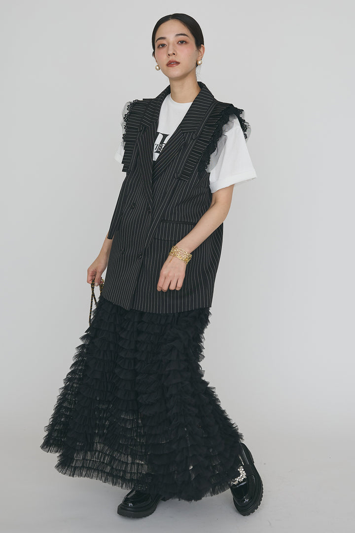 [予約/SET]ThecityロゴTシャツ+フリルショルダーテーラーマニッシュベスト+ホイップチュールティアードスカート(3set)