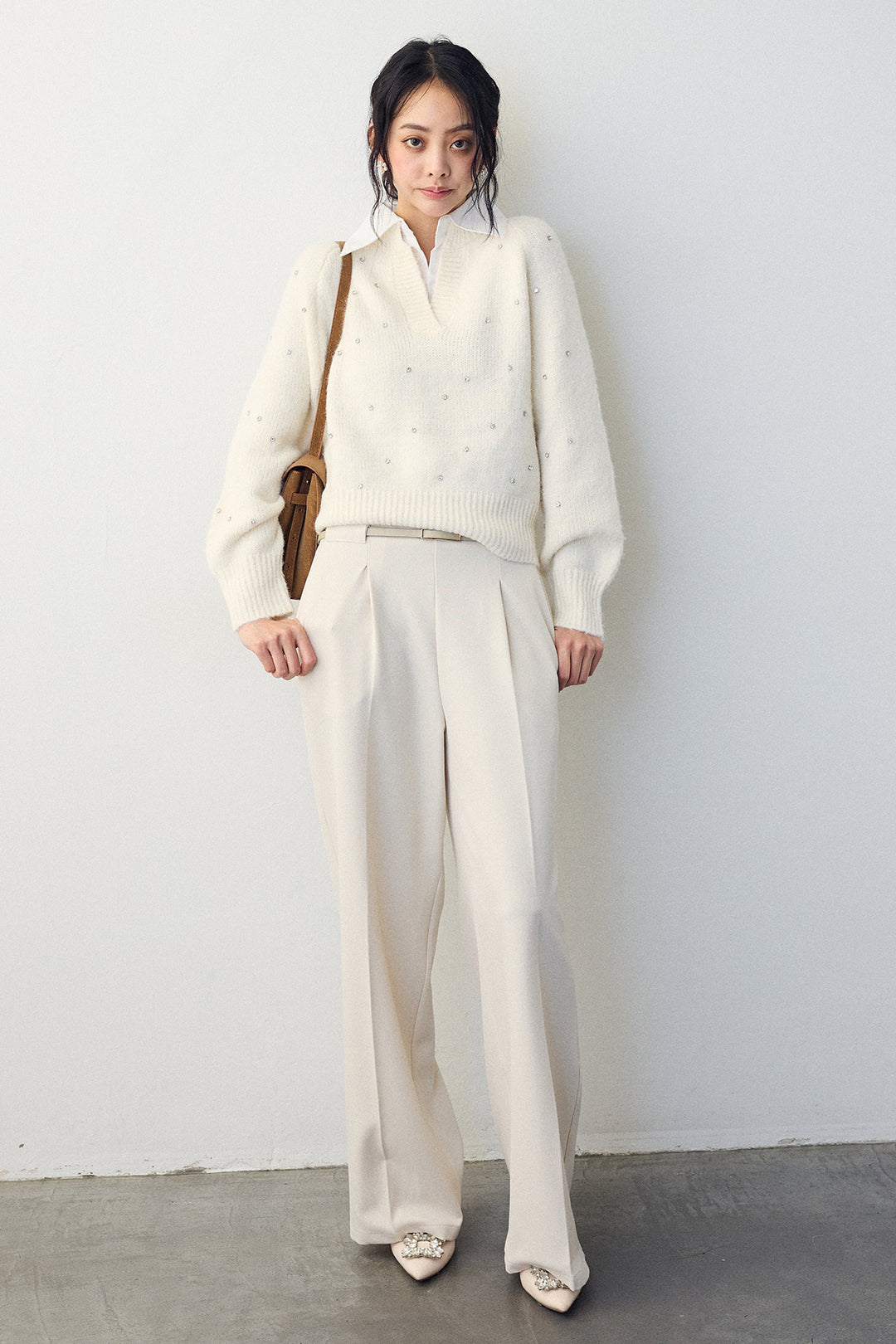 [予約/SET]シャツ襟ラインストーンニットPO+ポイントベルトセットストレートワイドパンツ(2set)