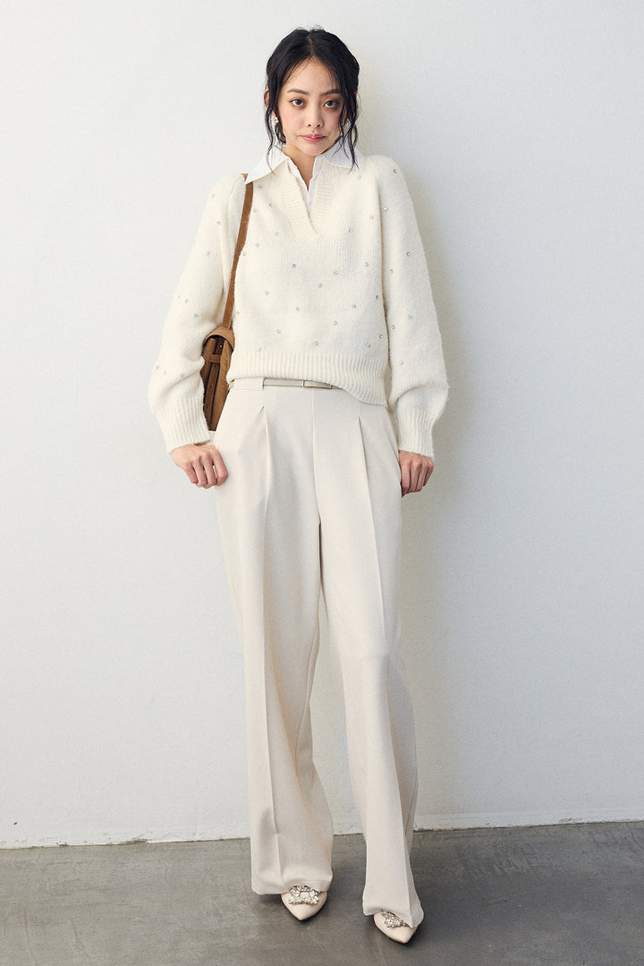 [予約/SET]シャツ襟ラインストーンニットPO+ポイントベルトセットストレートワイドパンツ(2set)