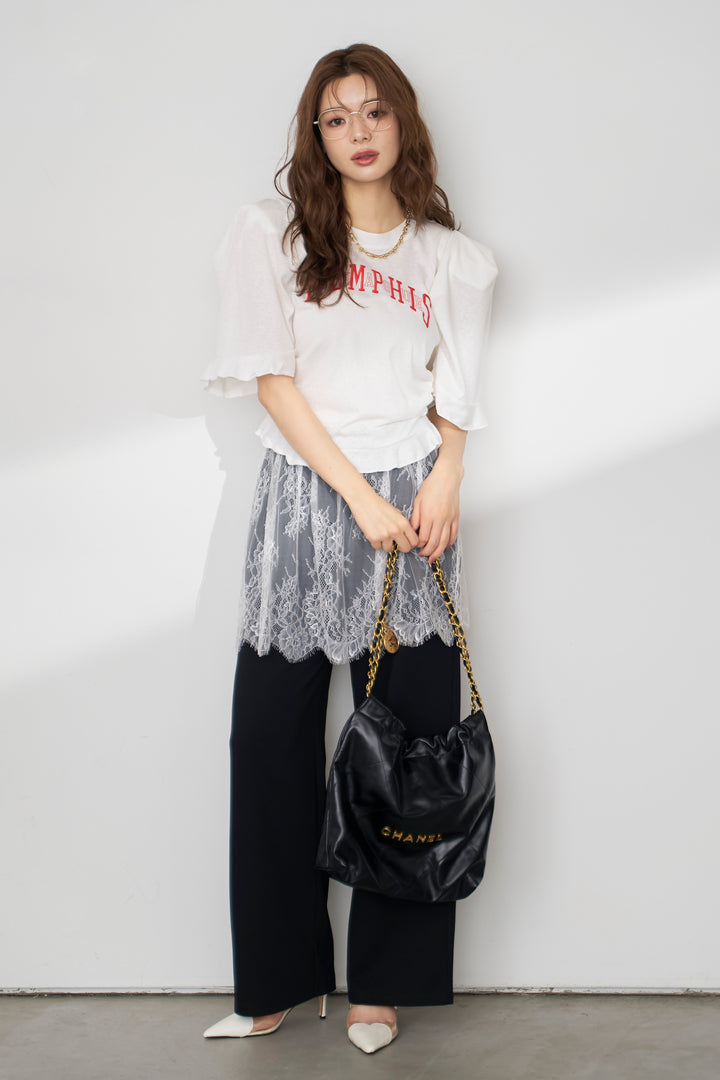 [予約/SET]ロゴパフスリーブデザインTシャツ+繊細レースレイヤードパンツ(2set)