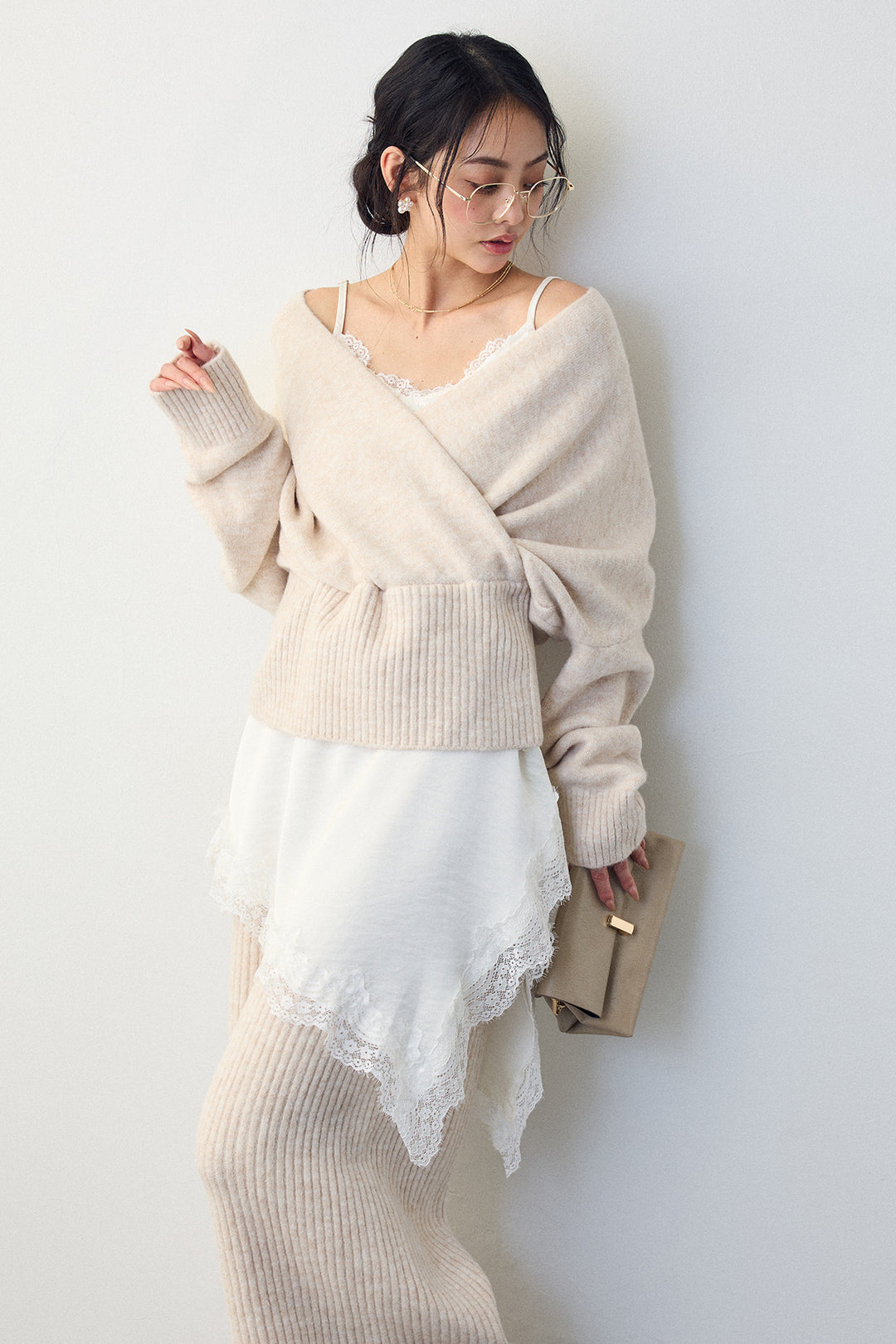 [予約/SET]カシュクール美ラインニットセットアップ+サテンレースアシメキャミ(2set)