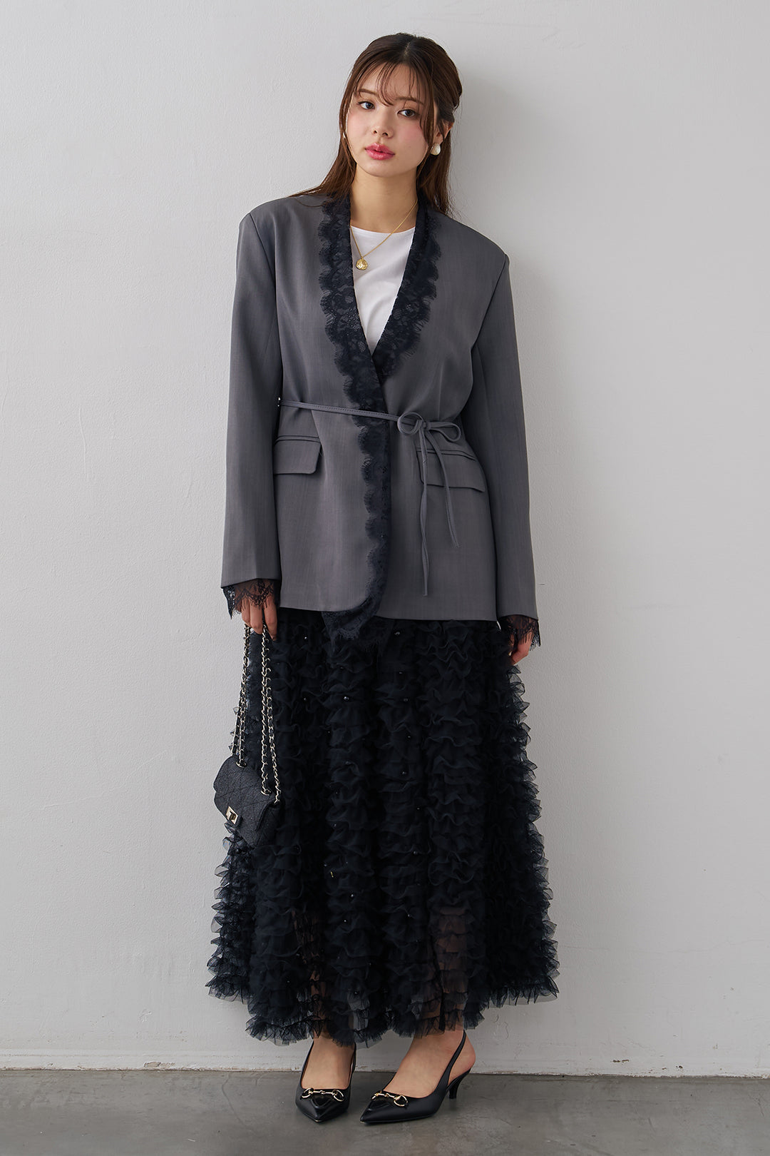 [予約/SET]カシュクールレースドッキングジャケット+パール付きホイップチュールスカート(2set)