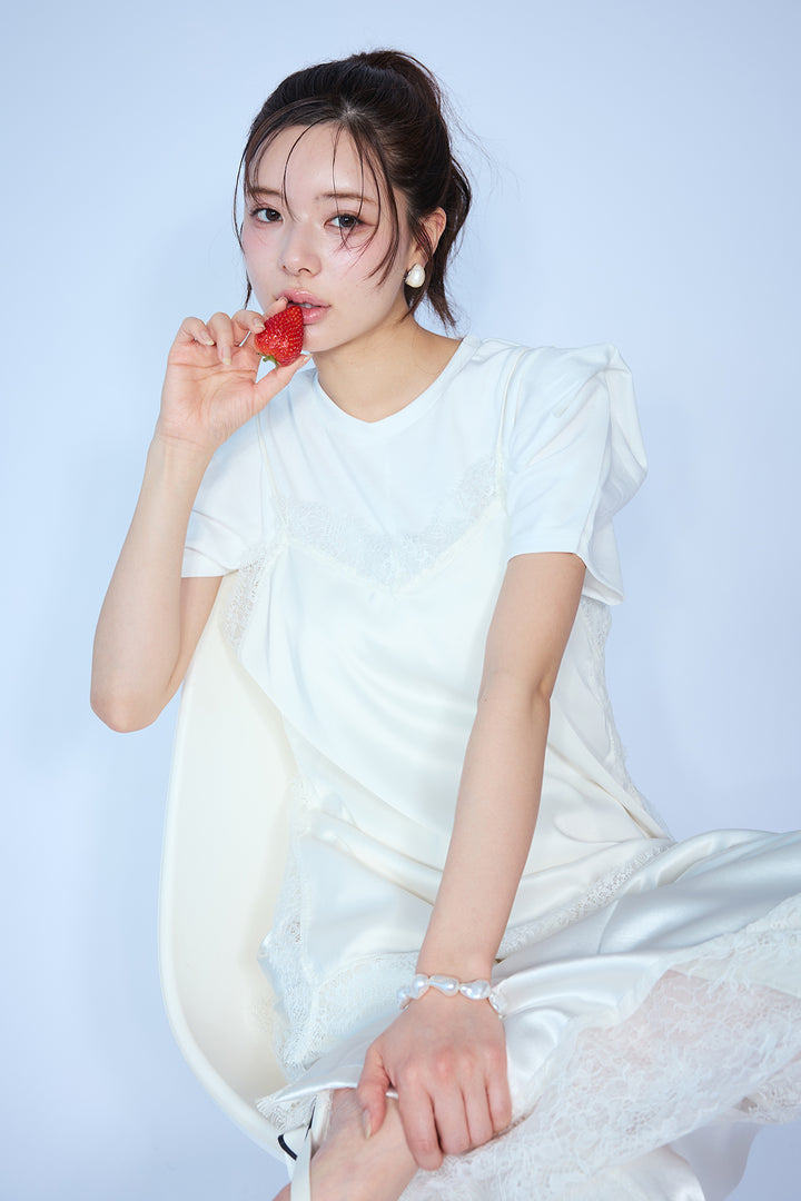 [予約/SET]スクエアショルダーデザインカットトップス+マットサテンレースキャミソール+サイドレースデザインリラックスパンツ(3set)