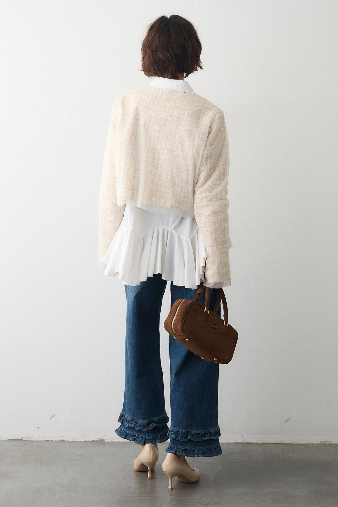 [予約/SET]パネルフレアヘムシャツ+ツイード×チュールレイヤードクロップドジャケット(2set)