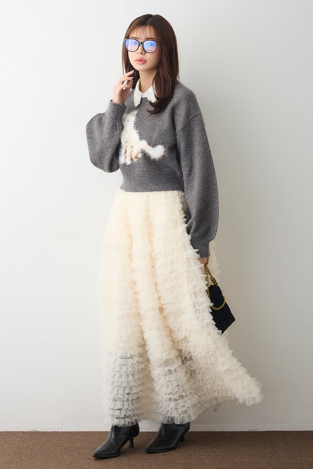 [予約/SET]2連パール付け襟+シャギーリボンキャットモチーフニットPO+ホイップチュールティアードスカート(3set)