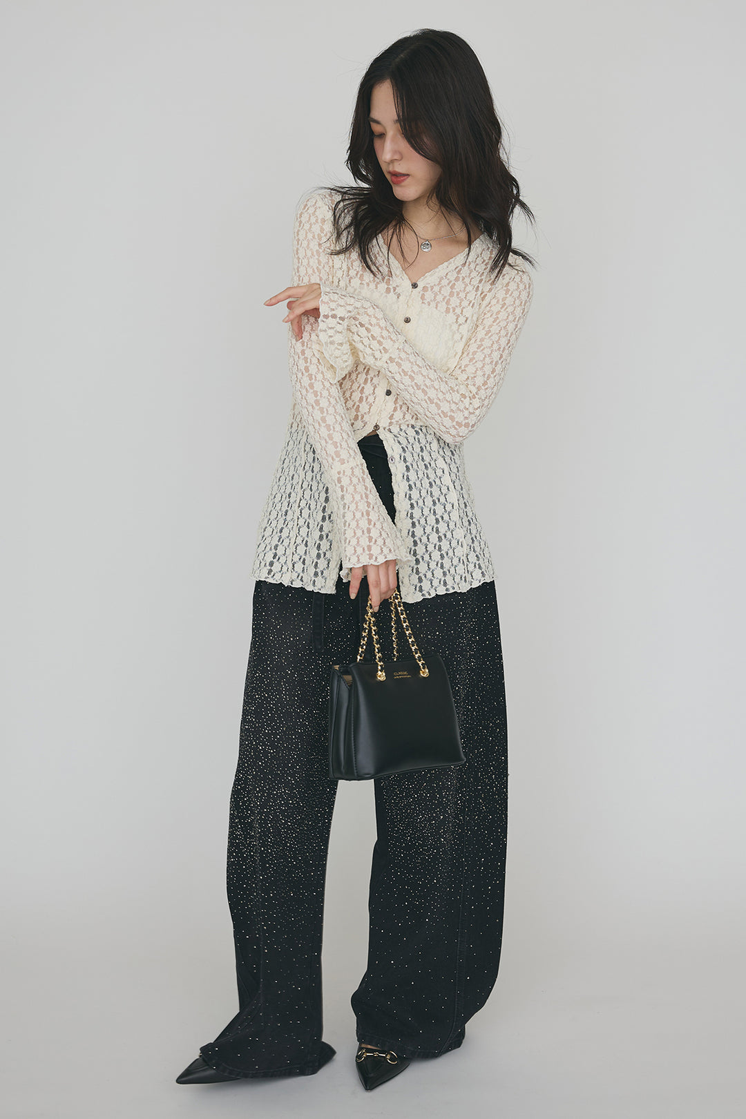 [予約/SET]カットレースフラワーVネックカーデ+ラインストーン美ラインデニム(2set)