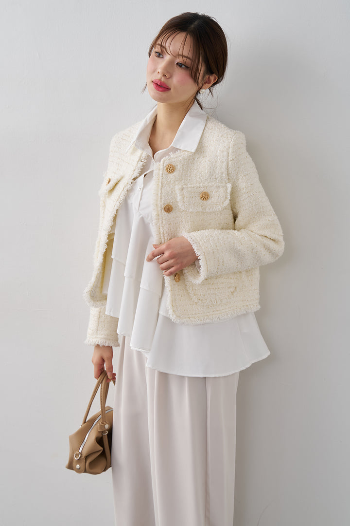 [予約/SET]アシメフリルティアードシャツ+フリンジツイードゴールドボタンジャケット+エステルツイルタックワイドカラーパンツ(3set)