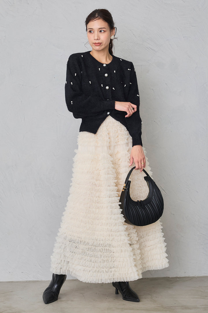 [予約/SET]ミックスパールシャギーコーディガン+ホイップチュールティアードスカート(2set)