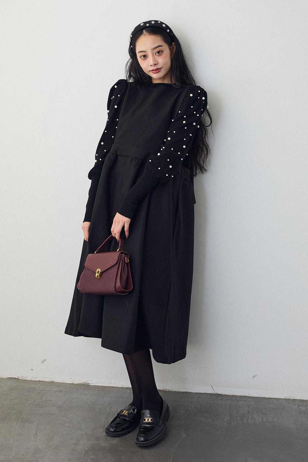 [予約/SET]パフスリーブランダムパールニット+バックリボンボックスシルエットジャンスカ(2set)