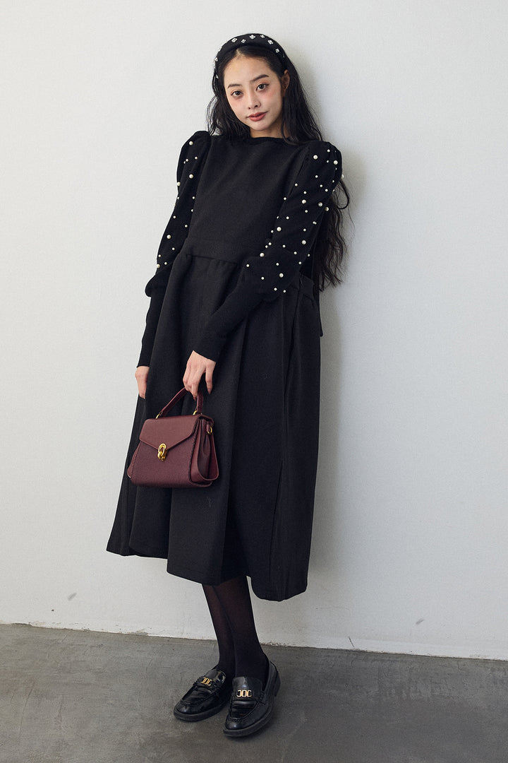 [予約/SET]パフスリーブランダムパールニット+バックリボンボックスシルエットジャンスカ(2set)