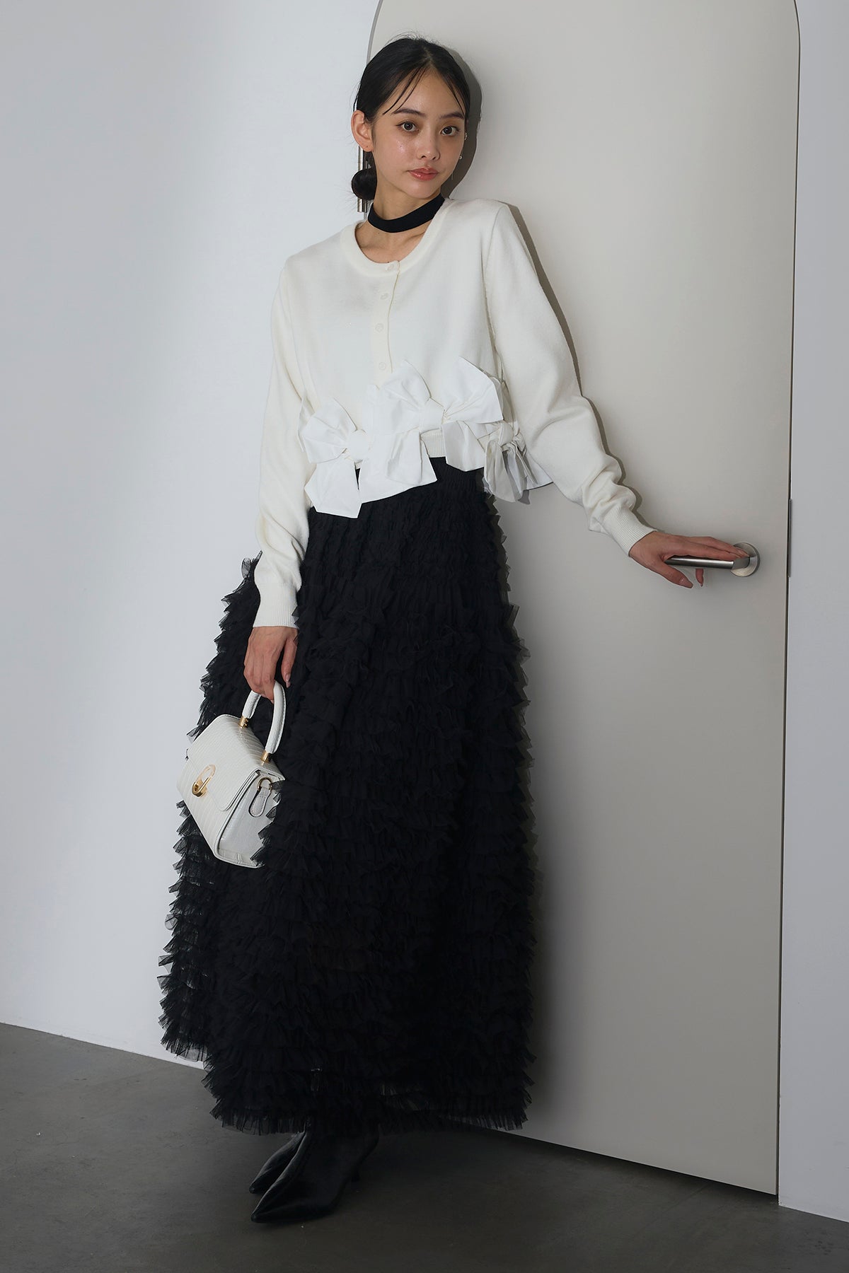 予約/SET]ヘムリボンデザインショートカーデ+ホイップチュール