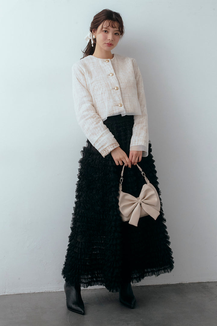 [予約/SET]ツイード×チュールレイヤードクロップドジャケット+ホイップチュールティアードスカート(2set)
