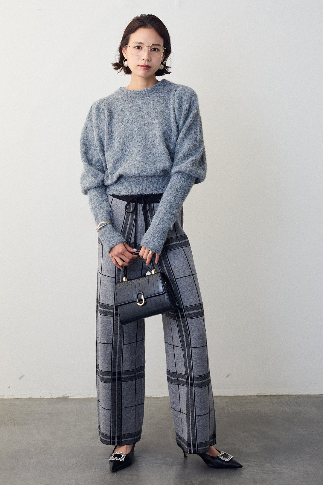 [予約/SET]モヘアパフスリーブプルオーバー+チェック柄ニットストレートパンツ(2set)