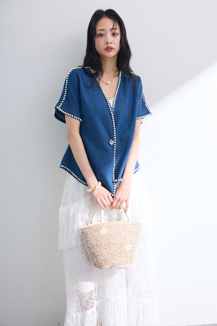 [予約/SET]パールトリミングデニムジャケット+フリンジシアーレースロングスカート(2set)