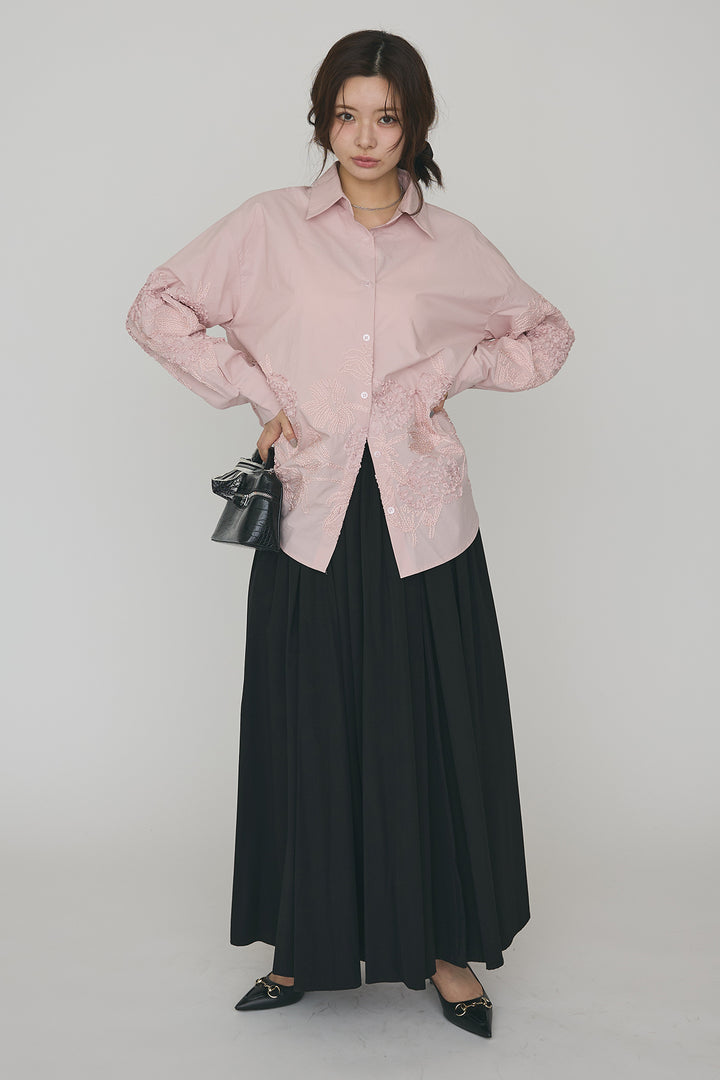 [予約/SET]フラワー刺繍モチーフオーバーシャツ+ギャザーフレア綿タッチスカート(2set)